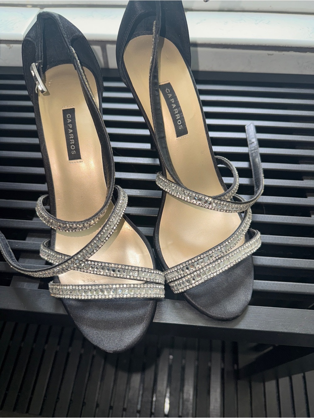 Caparros Black Satin Strappy Crystal-Heel Sandals